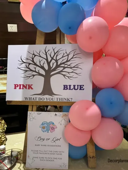 "Pink or Blue, what do you think?" This gender reveal game station is a fun way to get guests involved. The easel with the tree for thumbprints is surrounded by pink and blue balloons to build the suspense.