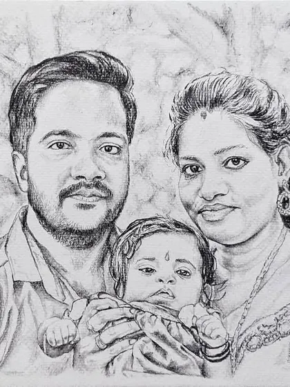A classic pencil sketch of a young family with their newborn baby. The black and white style gives it a timeless and emotional quality.
