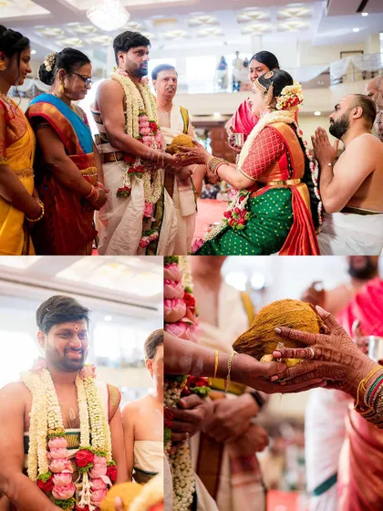 The exchange of coconuts, a symbol of respect and agreement between the families. We capture these important cultural details that are central to a South Indian wedding.