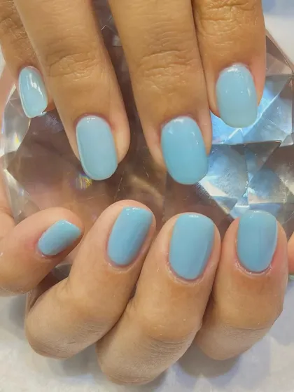 The magic of powder blue dip nails. This is a perfect example of the vibrant, solid colors I can achieve with my stain-free and UV-light-free dip powder system.