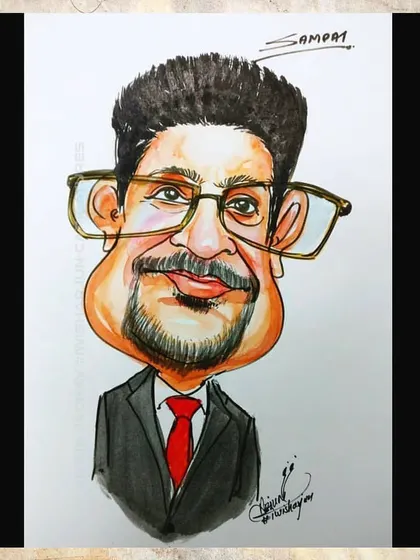 A handmade, colored caricature of a man in a suit. The exaggerated features and bold colors are hallmarks of my classic caricature style.