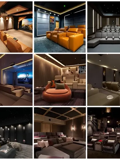 This collage showcases nine different home theater designs, from cozy media rooms to luxurious, multi-level cinema setups, highlighting our expertise in creating custom entertainment spaces.