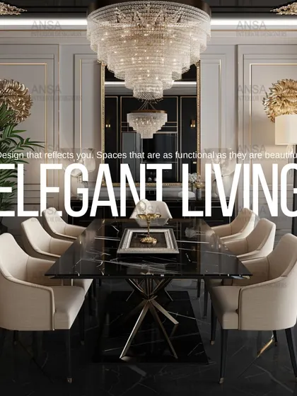This elegant dining room is designed to reflect a client's personality. The space is both functional and beautiful, featuring a massive crystal chandelier, a black marble table, and classic wall paneling.