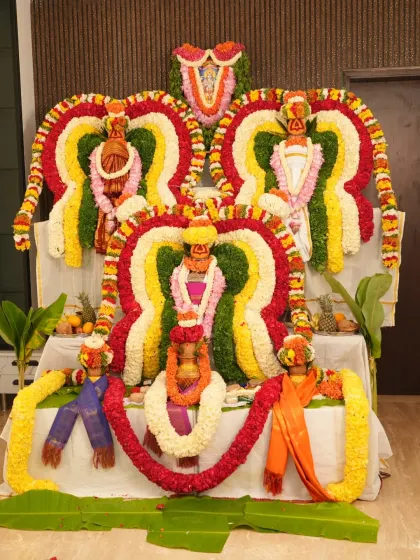 We specialize in traditional ceremonies, honoring every custom with beautiful decor. This intricate floral arrangement was created for a housewarming ceremony, designed to be a sacred and auspicious centerpiece for the pooja.