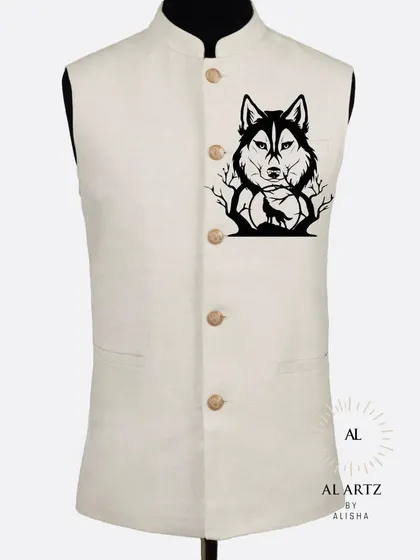 This is a custom hand-painted linen Nehru jacket. I added a graphic husky design to the chest, offering a modern and minimalist way to personalize traditional Indian menswear.