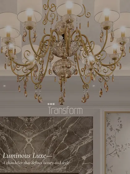 A close-up of a luminous, luxe chandelier. I believe statement lighting is crucial in defining the luxury and style of a room.