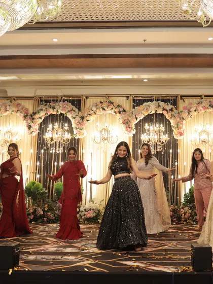 A full stage view of the bride's squad performance. We work on formations and stage presence to create a visually stunning act.