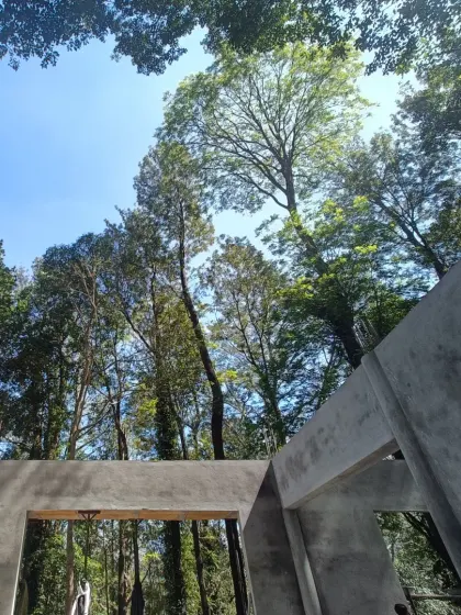 A view from within a construction site, looking up at the sky. Even during the build phase, we are always conscious of framing views and connecting the structure to the natural world around it.