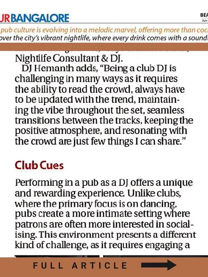 A close-up of my quote in the Our Bangalore Weekly article. I explain that being a DJ requires constant trend-watching and creating a positive atmosphere.