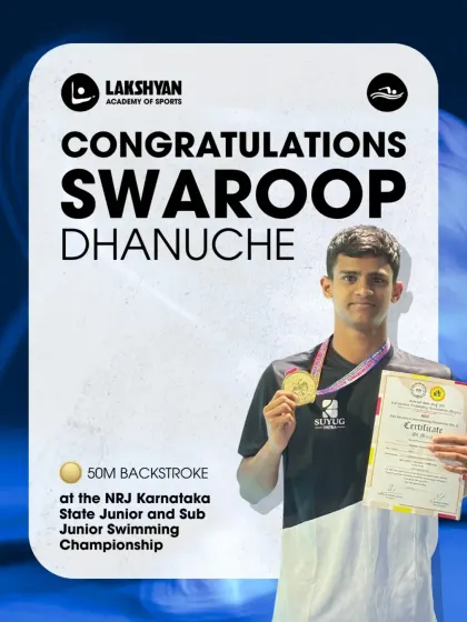 Swaroop Dhanuche with his gold medal for the 50m Backstroke, a fantastic achievement at the state junior swimming championship.