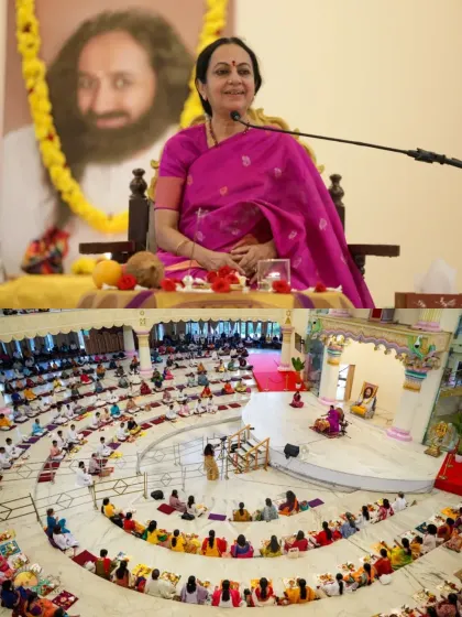 A collage showing an instructor leading a Guru Puja from the stage and the participants following along. This collective practice creates a powerful field of devotion and gratitude.