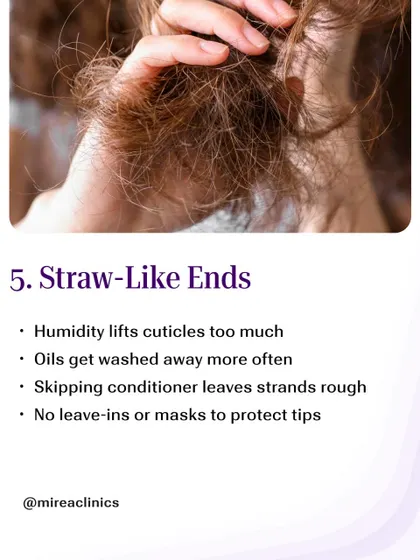 Straw-Like Ends: Humidity can lift the hair cuticles excessively, while more frequent washing can strip natural oils. This often results in dry, brittle ends that need extra protection from leave-in conditioners or masks.