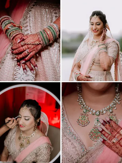 A collage highlighting the details of the bride's mehendi, jewelry, and getting-ready process for her pre-wedding functions.