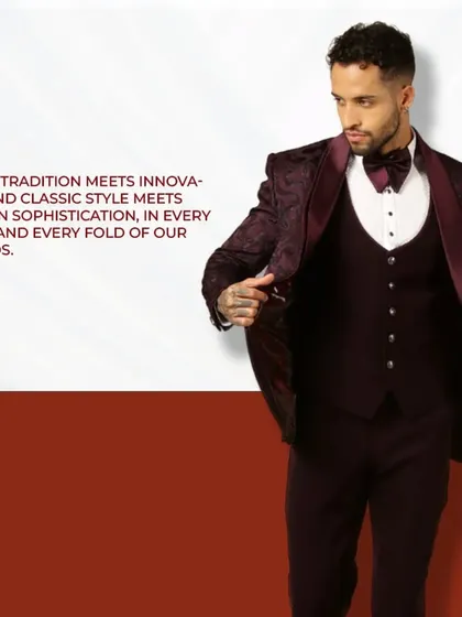 Where tradition meets innovation. This maroon patterned tuxedo is a perfect example of modern sophistication.