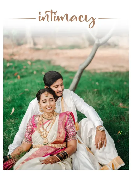 An artistic shot titled "Intimacy," showing a couple relaxing on the grass, capturing a moment of quiet connection.