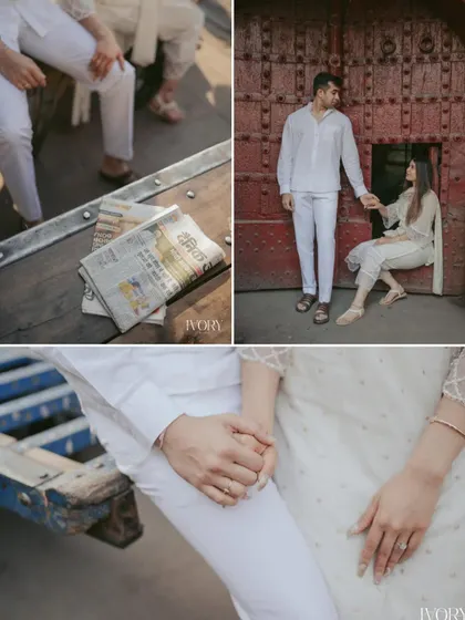 A collection of detail-oriented shots from the Delhi pre-wedding shoot. The focus on holding hands, a newspaper, and their relaxed poses against a rustic red door creates a rich, textured story of their day.