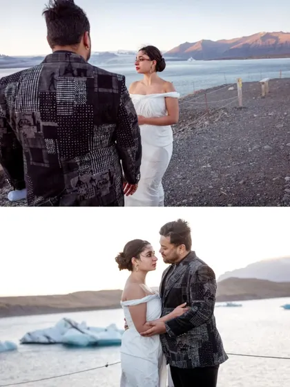 This look was about ethereal beauty. Shree's white Gaurav Gupta gown and Abhishek's patterned Troy Costa blazer create a modern, high-fashion moment against the glacier lagoon.