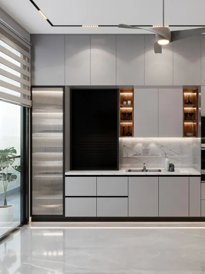 This render showcases the kitchen's appliance wall, with built-in ovens and a rolling shutter unit. The design ensures all functional elements are neatly integrated, maintaining the kitchen's sleek and minimalist feel.