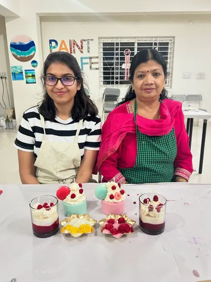 A mother-daughter duo with their beautifully crafted dessert candles. Our workshops are perfect for all ages and make for a great family outing.