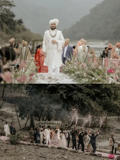 A collage showing the groom's entrance and the full wedding procession in a rustic, natural setting, complete with dhol players and sparklers.