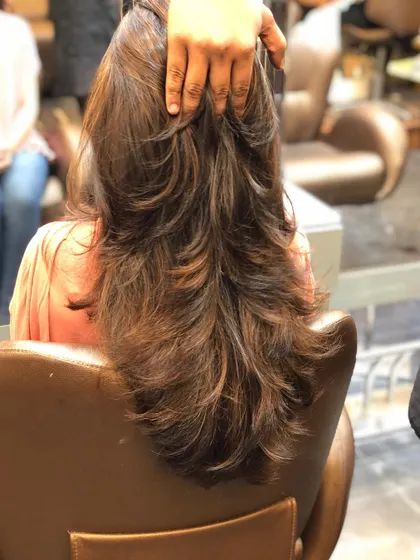The back view of a V-cut with multiple layers. This style is excellent for removing weight from thick hair while maintaining length.