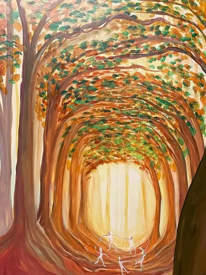 A tunnel of trees in the TGL mural, with small figures dancing in the light. This symbolizes a journey towards a brighter, more joyful future.