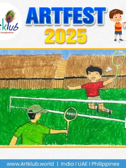 A lively badminton doubles match drawn by a junior artist. The players are shown jumping and hitting the shuttlecock over the net.