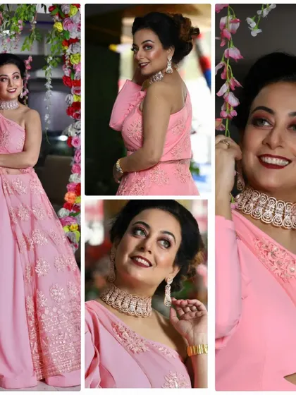 A beautiful client collage in a lovely pink lehenga set. The one-shoulder blouse and embroidered skirt make for a graceful and modern party look.