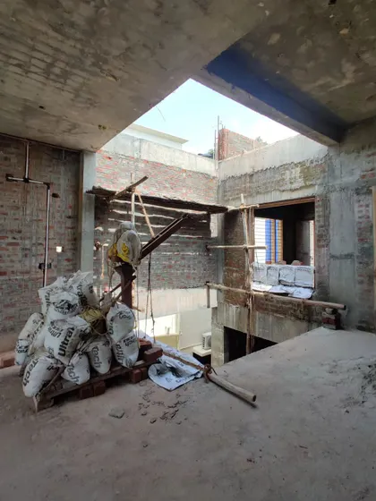 The double-height courtyard space during construction.