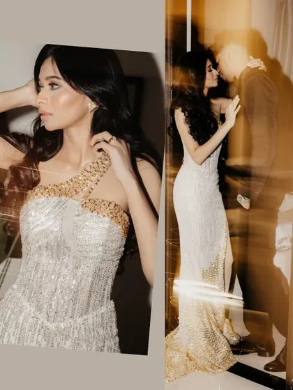 A diptych showing a close-up of the bride and a romantic, motion-blurred shot of the couple.