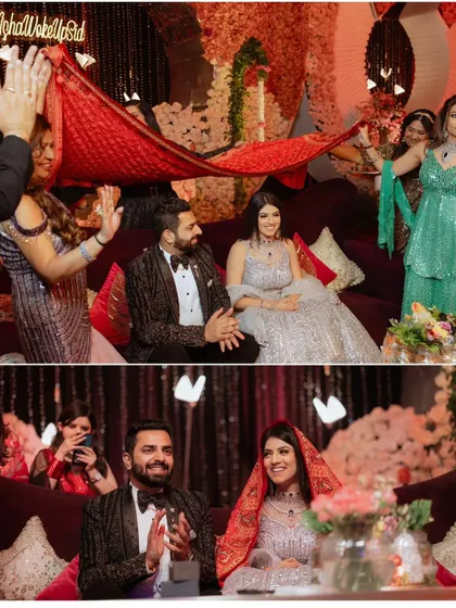 A collage showing traditional rituals during the engagement ceremony.