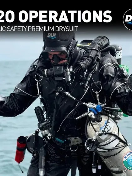 The DUI H2O Operations drysuit is engineered for public safety divers who face the most challenging conditions. This image shows a fully equipped operator, highlighting the suit's integration with tactical gear, its rugged build for hazardous water, and the mobility it provides for critical tasks.