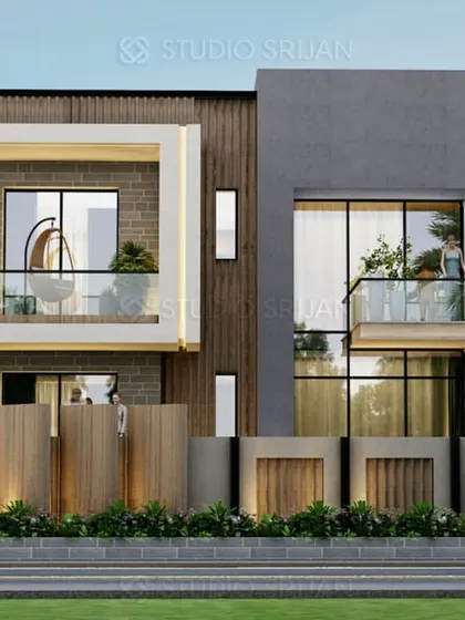 The initial 3D concept for a villa in Gurgaon. The design focused on a clean, boxy aesthetic with a prominent cantilevered balcony and a mix of light and dark tones.