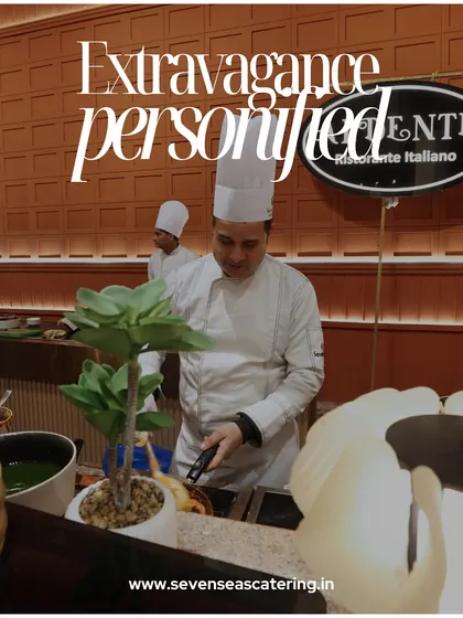 "Extravagance personified." This graphic features one of our chefs at the "Al Dente" station, reinforcing our brand's commitment to luxurious and over-the-top culinary experiences.