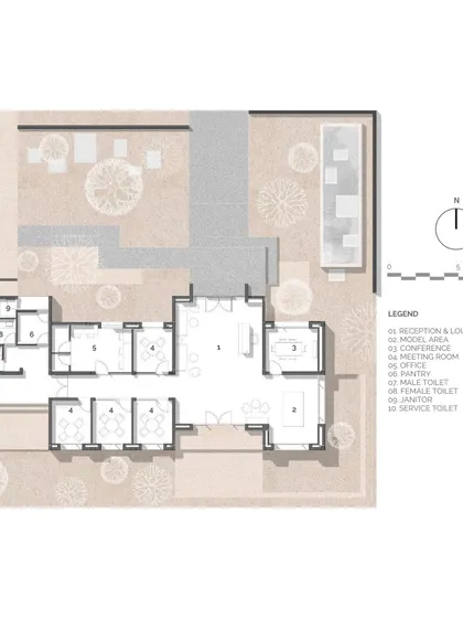 The floor plan for Earthsong shows a clear zoning of functions within a simple, linear layout. The design allows for a seamless flow through the space, with constant visual connections to the surrounding landscape.