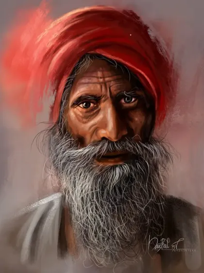 A powerful portrait of an old man with a striking red turban. This digital painting focuses on capturing character and emotion through detailed texture and expressive eyes.