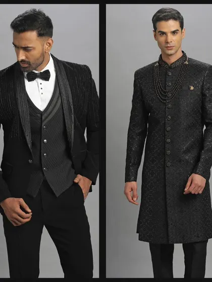 A black sequined tuxedo and a black jacquard sherwani. Perfect for making a statement at any evening event.