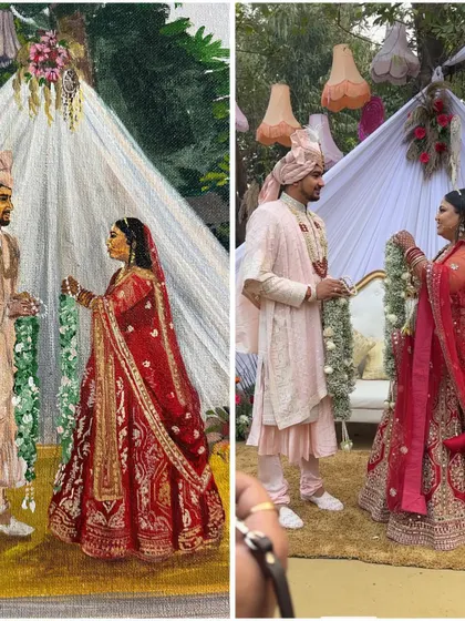From real life to canvas. This shows the Varmala moment as it happened and how I translated it into a timeless piece of art, keeping the essence of the decor and the couple's interaction.