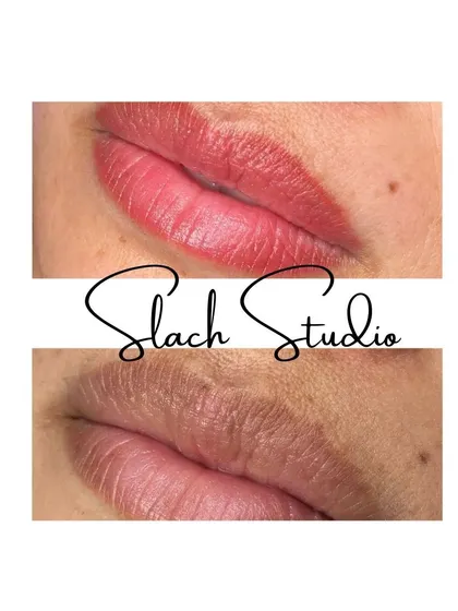 Here, I focused on evening out the color between the upper and lower lip for a more uniform look. The final result is a soft, natural pink that looks like the client's own lips, but better.