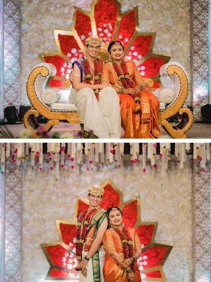 A collage of the couple posing on their wedding stage, which features a vibrant red lotus backdrop.