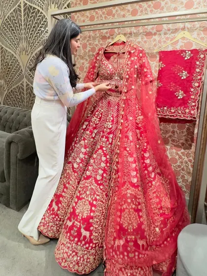 This magnificent red lehenga by Rachit Khanna is a masterpiece of traditional craftsmanship, perfect for the bride who wants a regal and timeless look.