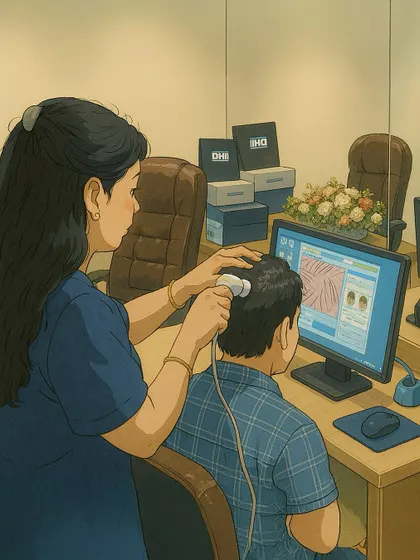 **The Diagnostic Process, Visualized:** In this artistic rendering, a doctor performs a detailed scalp analysis for a client. This image represents our commitment to a thorough, science-based diagnostic process before recommending any treatment.