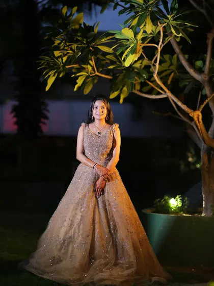 An outdoor shot of the engagement look. The makeup is set to withstand an evening of celebration, from photoshoots to dancing.