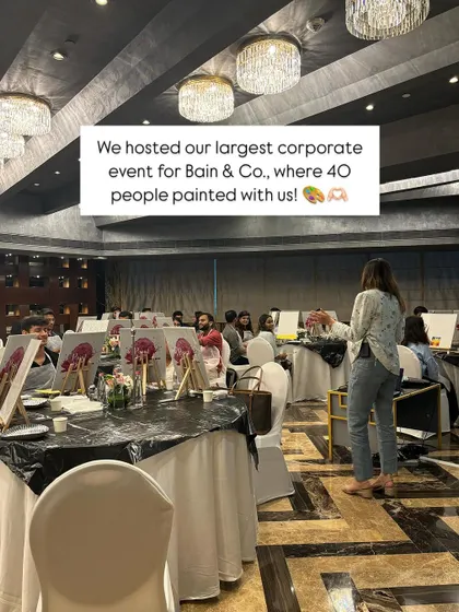 Our largest corporate event in Mumbai was for Bain & Co., with 40 people painting with us. It was a milestone moment and proved that Mumbai is ready for the Paint Bar vibe.