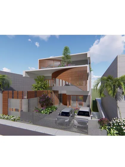 This render showcases a residence designed for lavish living on a large plot. The facade features sweeping curves and wooden screens, creating an iconic look that integrates the home with surrounding landscapes and water features.