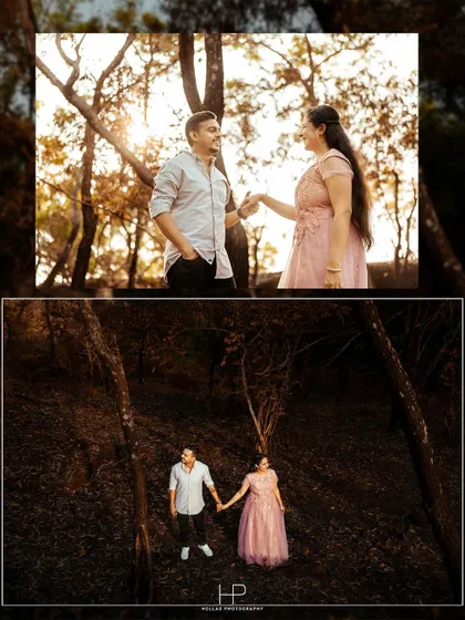 A two-panel image showcasing a couple in a sun-dappled forest. These shots capture both a candid interaction and a more formal posed portrait within the same beautiful setting.