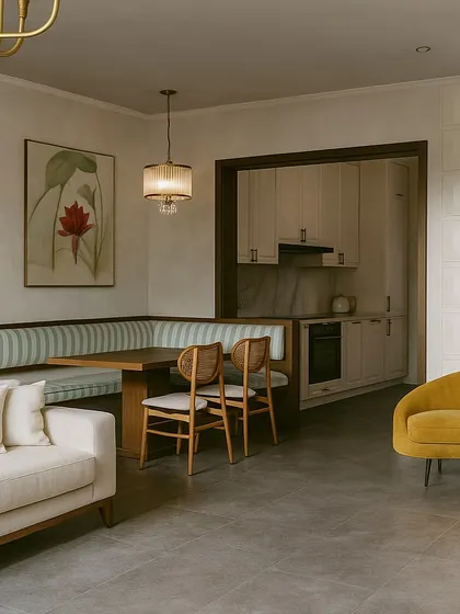 This proposed design for a cozy dining corner features a built-in L-shaped booth with striped upholstery. This space-saving solution creates an intimate and comfortable dining nook that is integrated with the main living area.