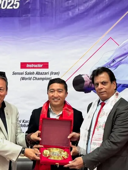Exchanging mementos with the President of the Nepal Karate Federation, Mr. Yubaraj Lama. This joint training camp strengthens the bond and skill level of karate in the entire South Asian region.