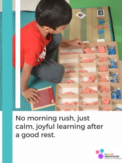 No morning rush, just calm, joyful learning after a good rest. A child works with the movable alphabet, fully engaged in his language work.