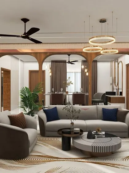 A 3D render of a living room with a sophisticated layout, using wooden arches to frame the view into the dining area. The furniture is modern, with pops of color from the cushions.